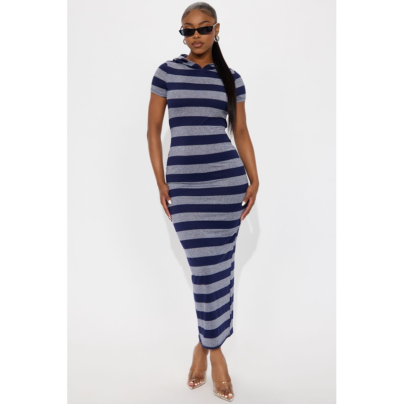 Alexa Striped Hooded Maxi Dress – Navy