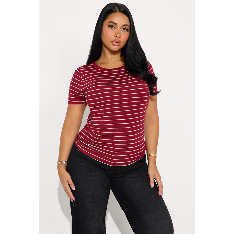 Cassidy Crew Neck Striped Basic Tee – Burgundy/combo