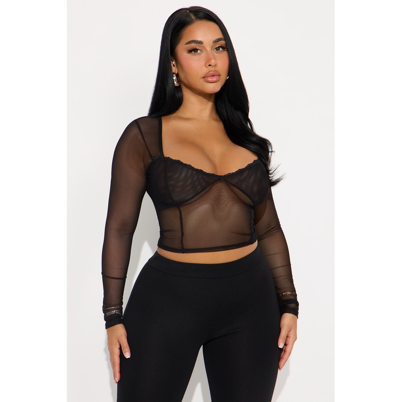 Heather Mesh Long Sleeve Top – Black