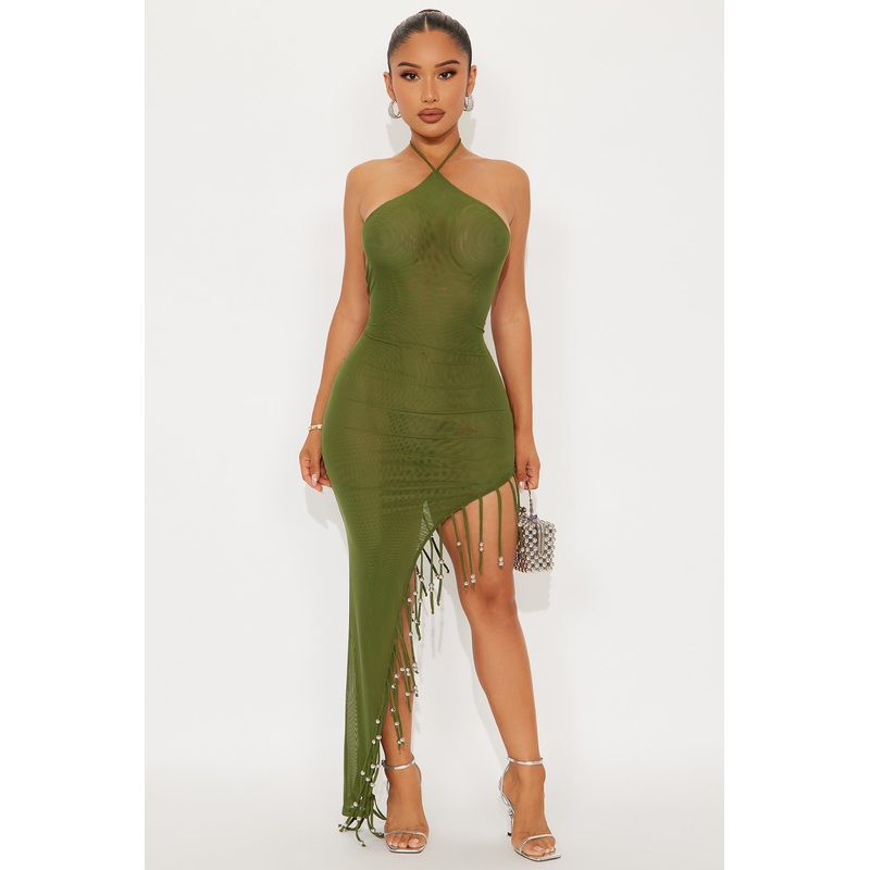 Tropic Vibes Fringe Maxi Dress – Olive