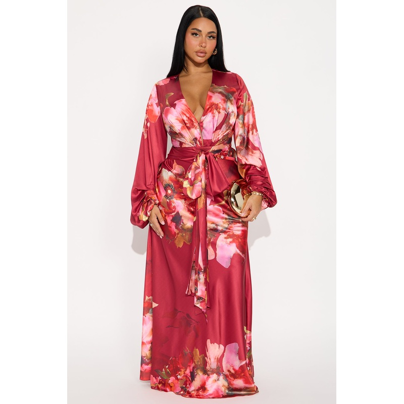 Ysabel Long Sleeve Satin Maxi Dress – Burgundy/combo