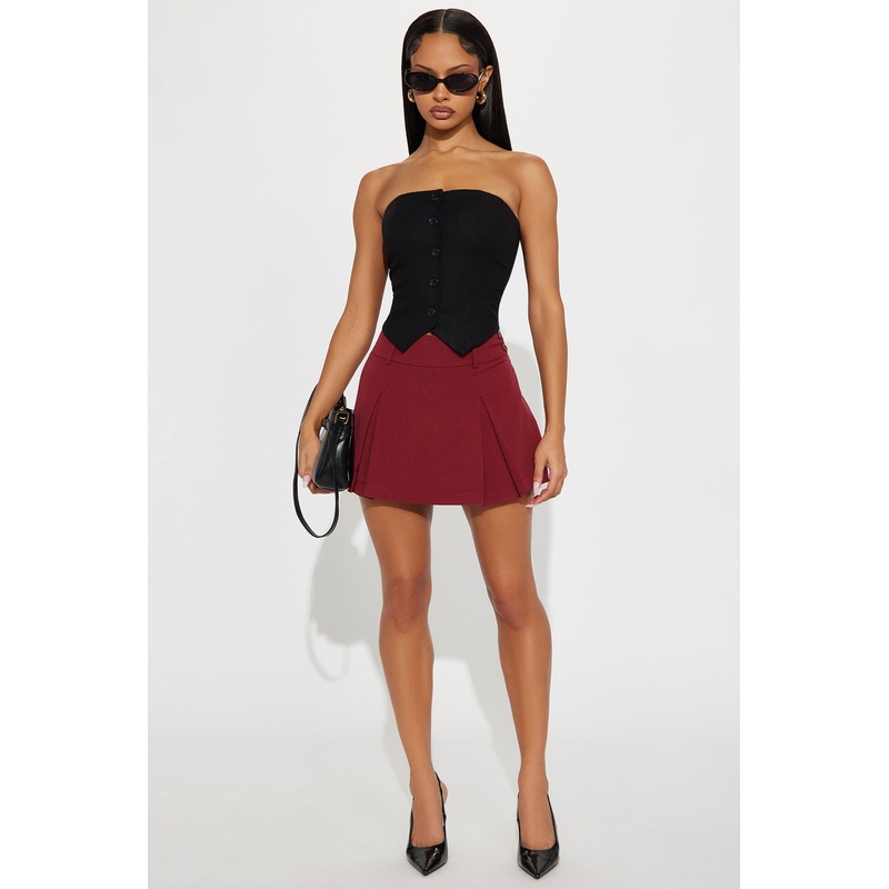 Alicia Double Waistband Pleated Skort – Wine