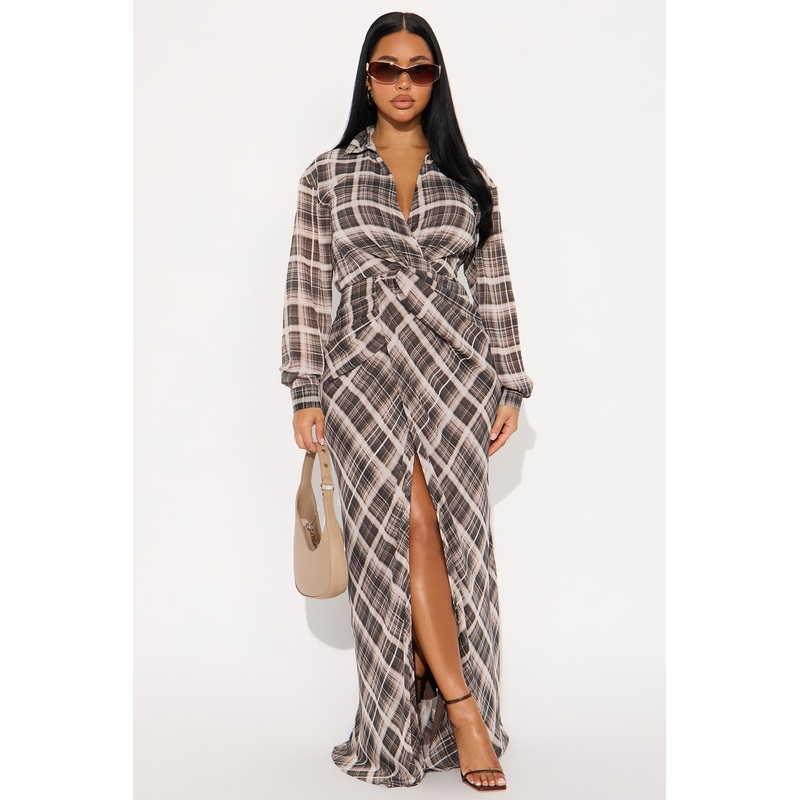 Anastasia Plaid Chiffon Maxi Shirt Dress – Brown Combo