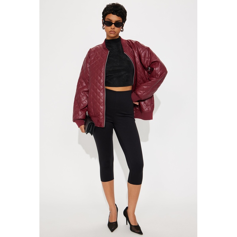 Around The Way Quilted Faux Leather Bomber Jacket – Burgundy