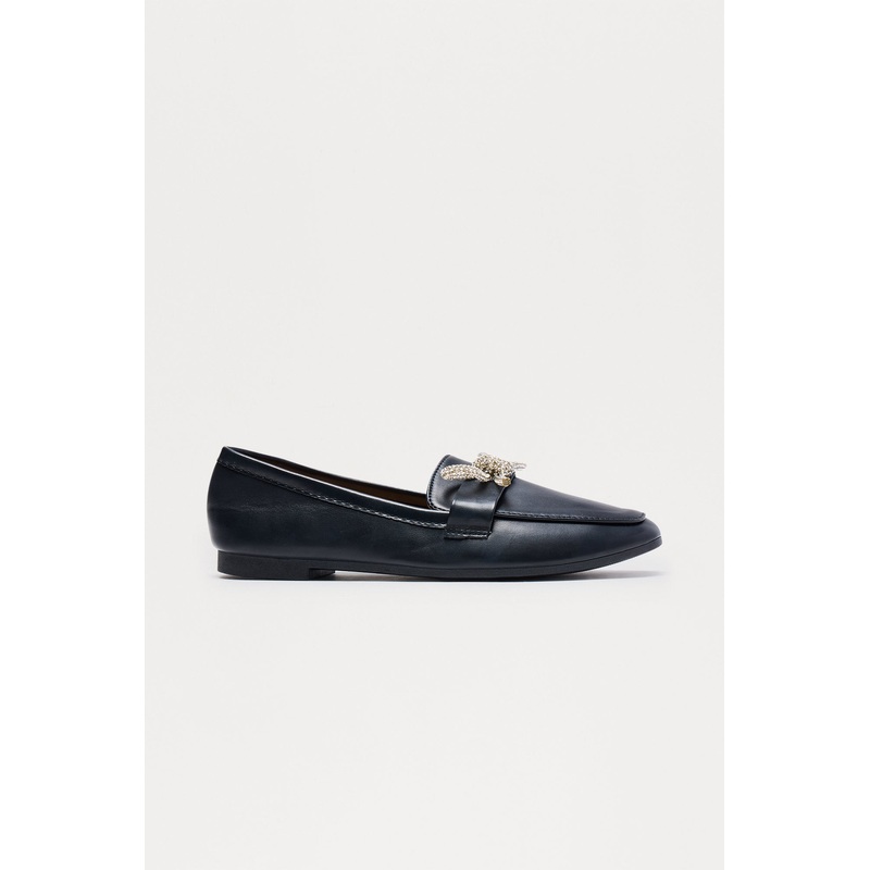 Avy Rhinestone Bow Loafers – Black