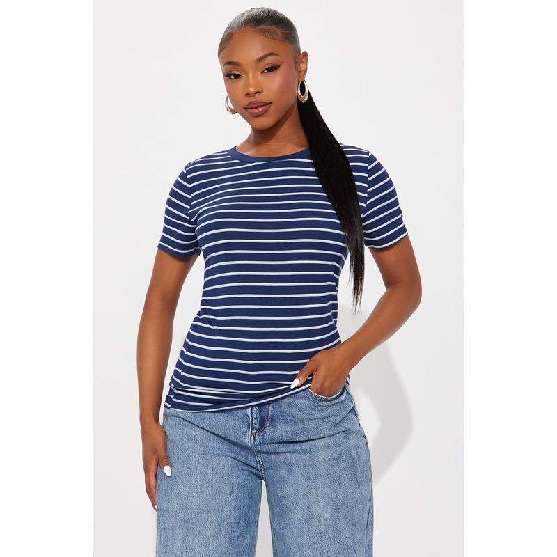 Cassidy Crew Neck Striped Basic Tee – Navy/combo