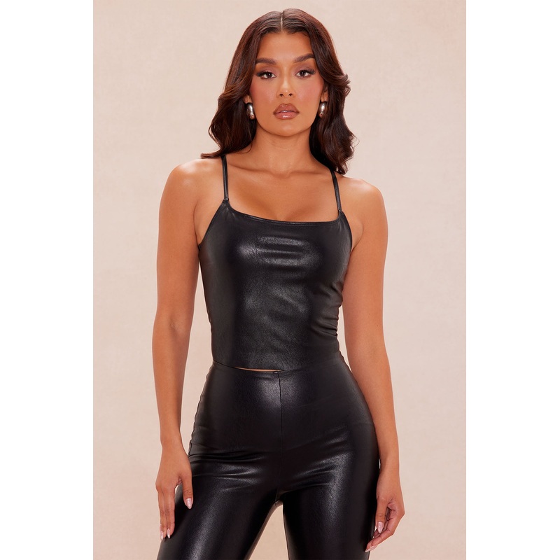 Ravenna Spaghetti Strap Faux Leather Top – Black