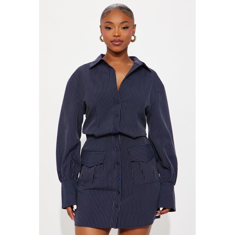 Valentina Pinstripe Shirt Mini Dress – Black