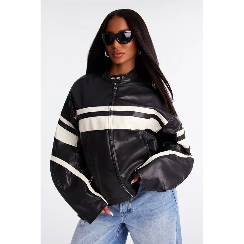 Bad Habits Oversized Faux Leather Jacket – Black/combo
