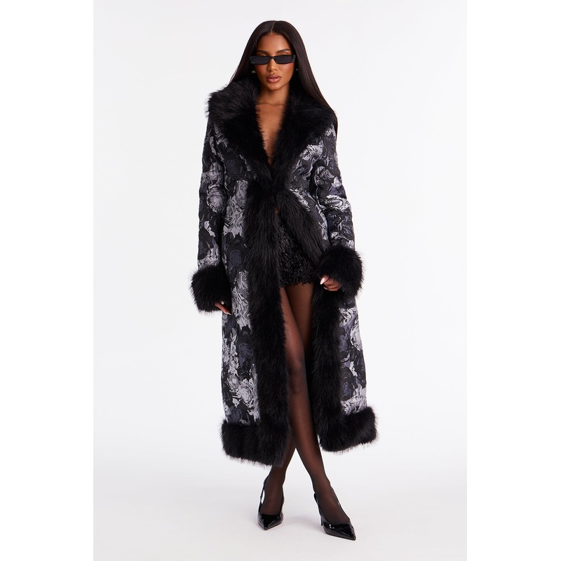 Becoming Richer Jacquard Fur Trim Coat – Black